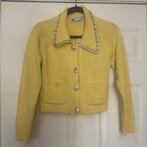 Zara Yellow V-Neck Knit Sweater with Embellished Collar